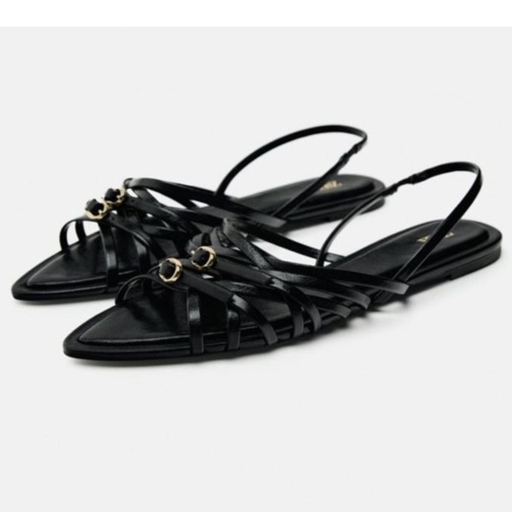 Zara Black Strappy Pointed Toe Flat Sandals Gold Buckle Slingback 7.5